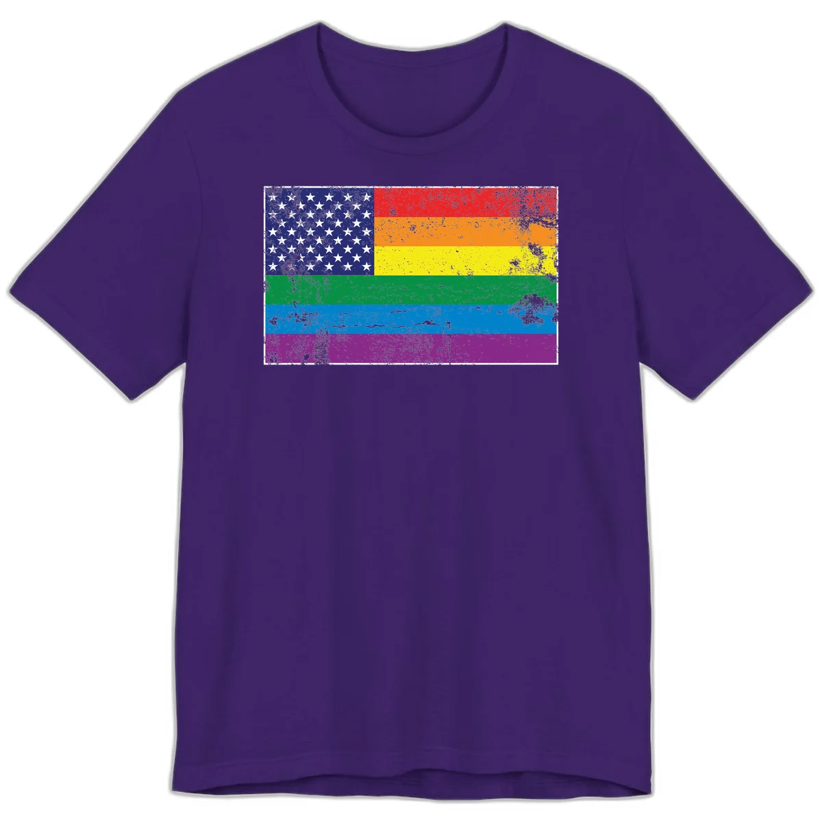 American flag with stars merged with rainbow pride flag stripes in distressed grunge style in Team Purple