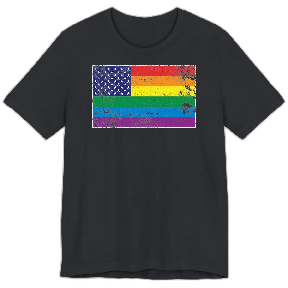 American flag with stars merged with rainbow pride flag stripes in distressed grunge style in Vintage Black