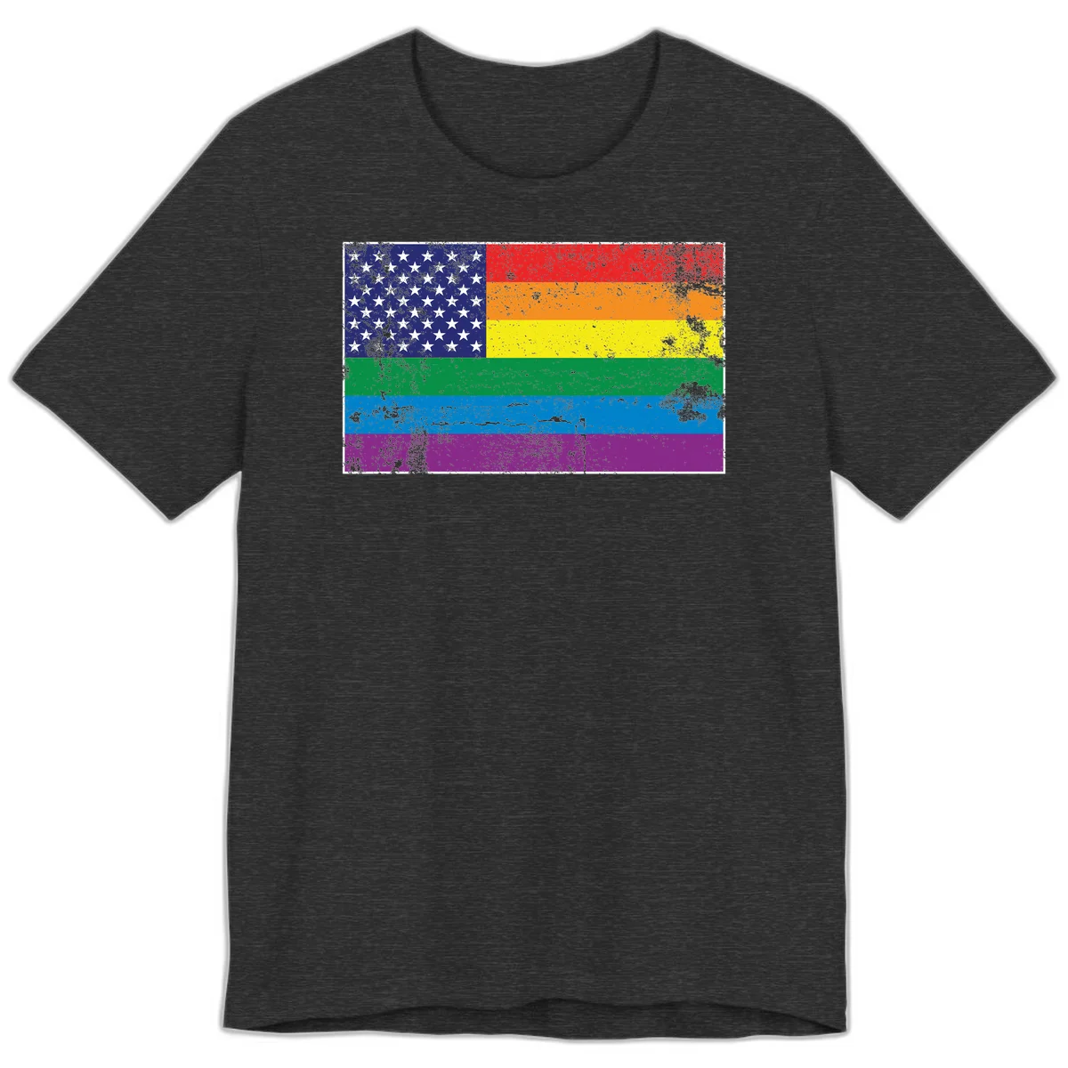 American flag with stars merged with rainbow pride flag stripes in distressed grunge style in Dark Grey Heather