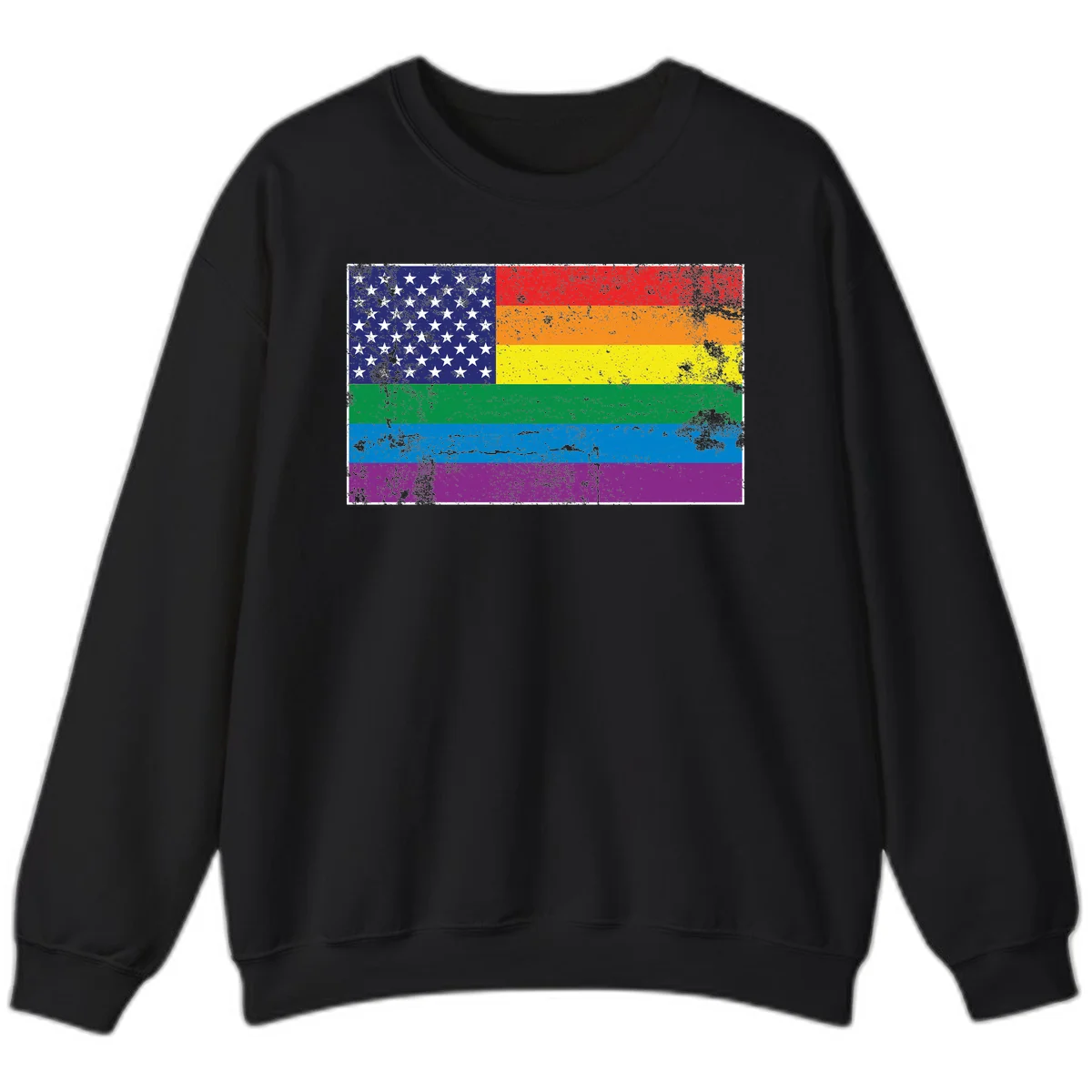 American flag with stars merged with rainbow pride flag stripes in distressed grunge style in Black