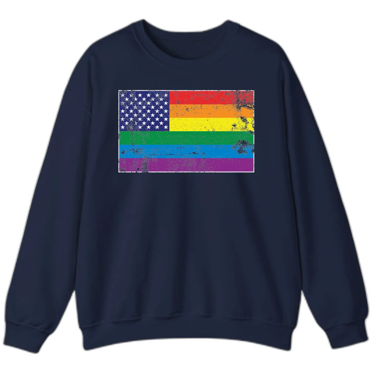 American flag with stars merged with rainbow pride flag stripes in distressed grunge style in Navy