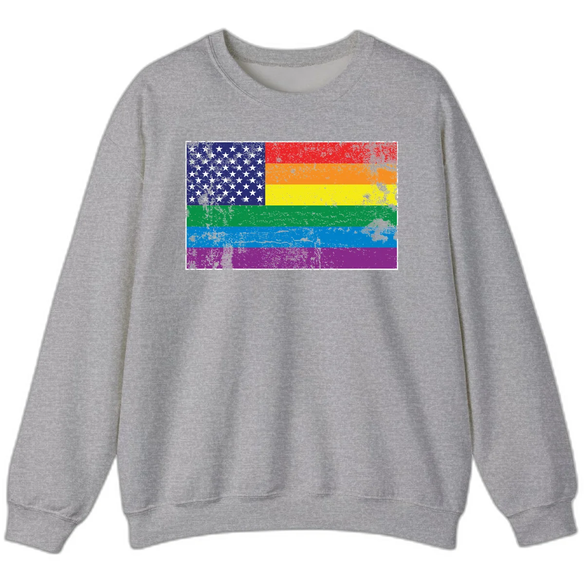 American flag with stars merged with rainbow pride flag stripes in distressed grunge style in Sport Grey