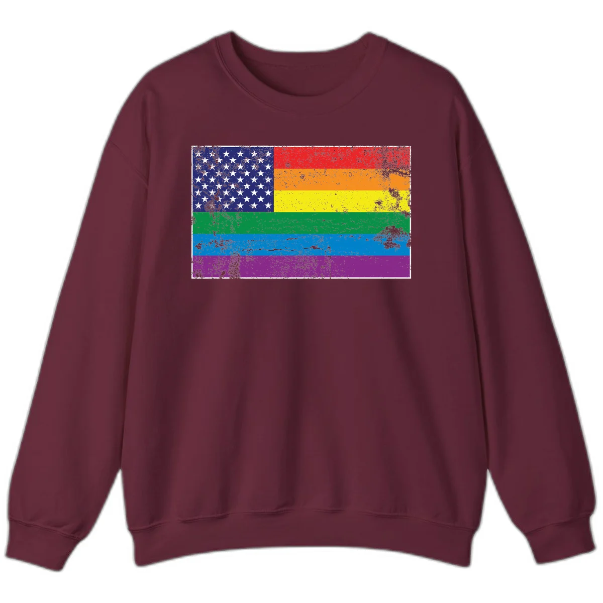 American flag with stars merged with rainbow pride flag stripes in distressed grunge style in Maroon