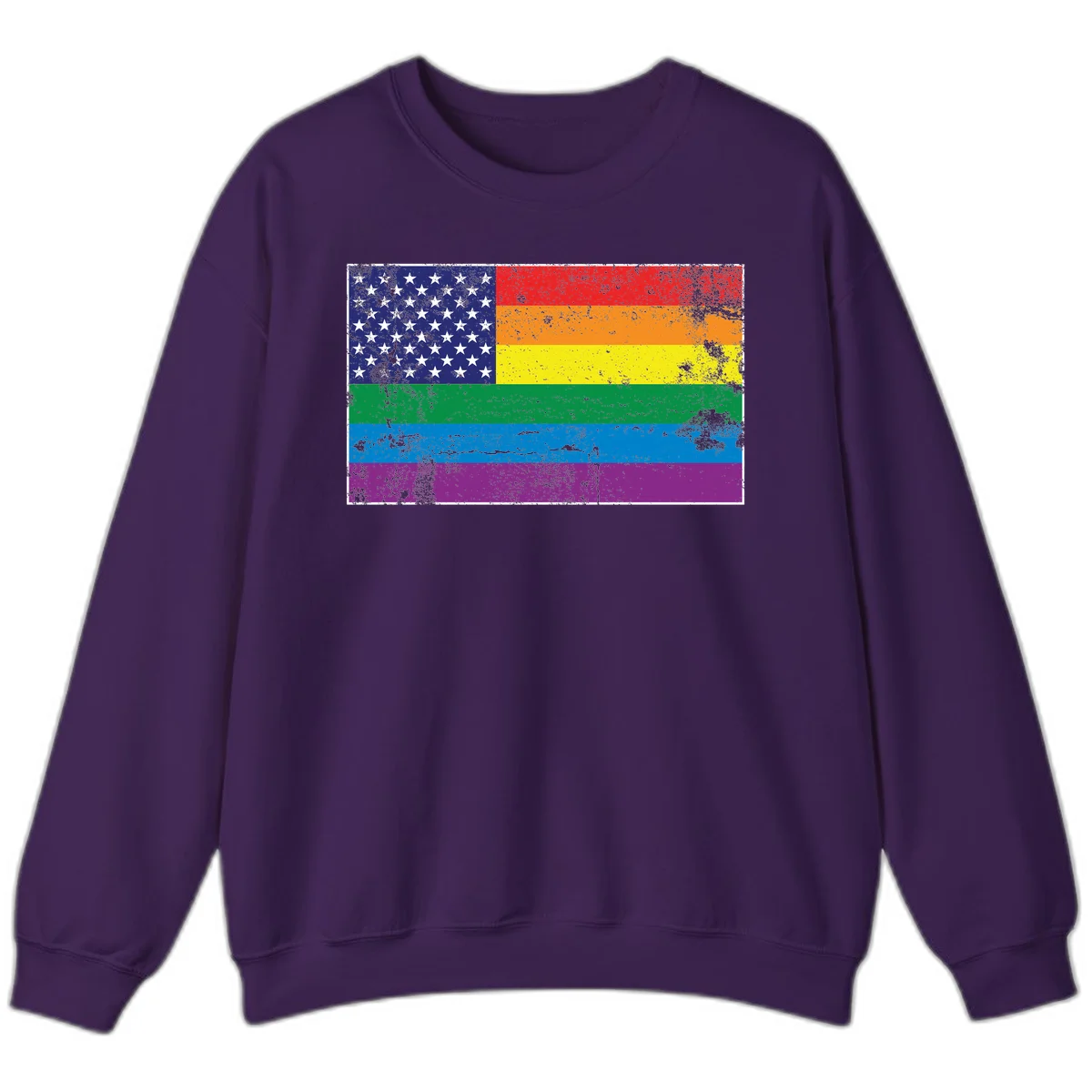 American flag with stars merged with rainbow pride flag stripes in distressed grunge style in Purple