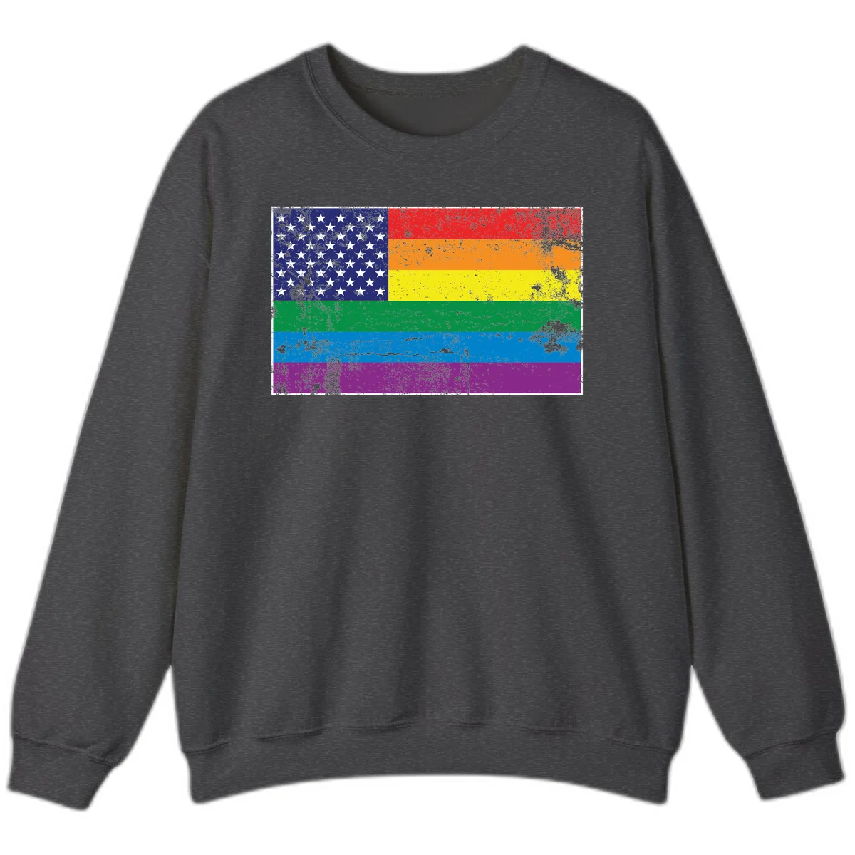 American flag with stars merged with rainbow pride flag stripes in distressed grunge style in Dark Heather