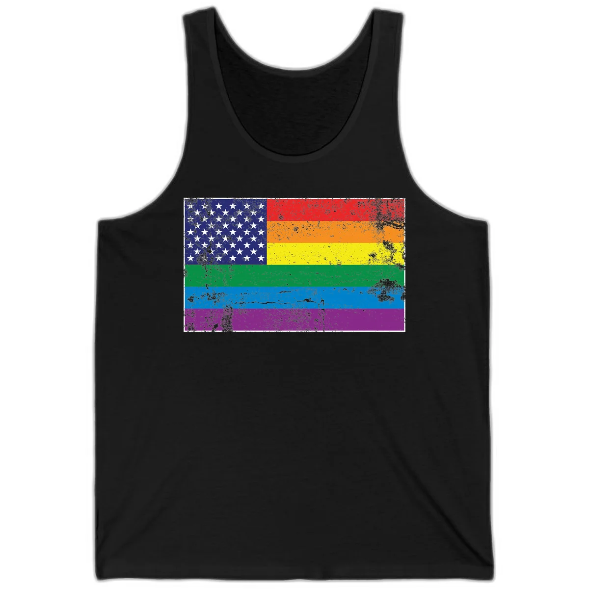 American flag with stars merged with rainbow pride flag stripes in distressed grunge style in Black