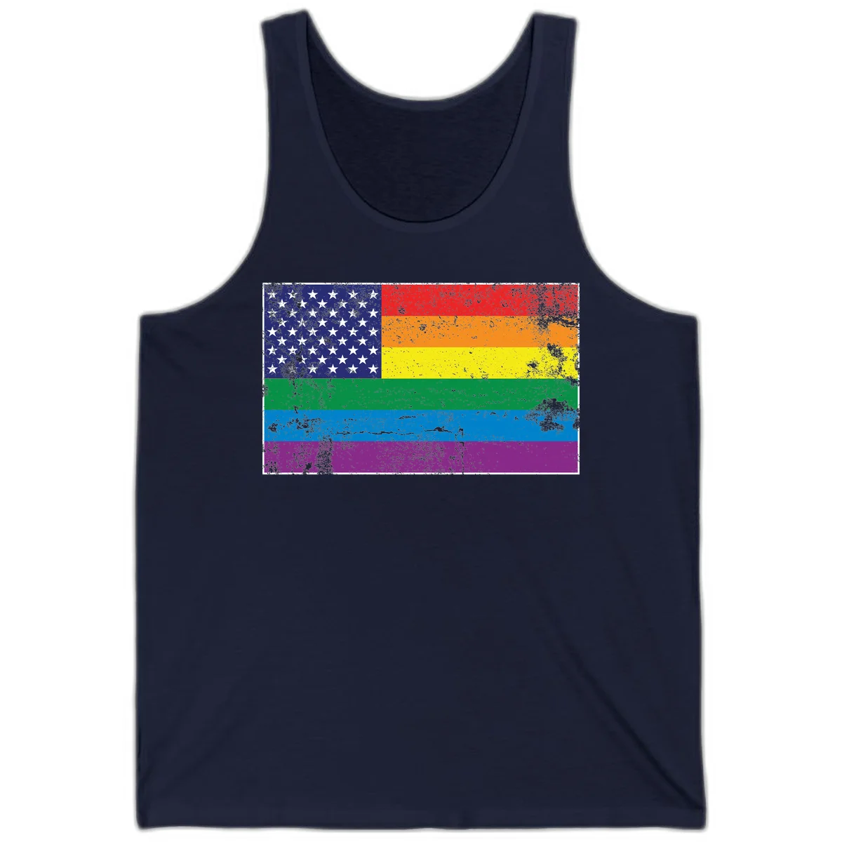 American flag with stars merged with rainbow pride flag stripes in distressed grunge style in Navy