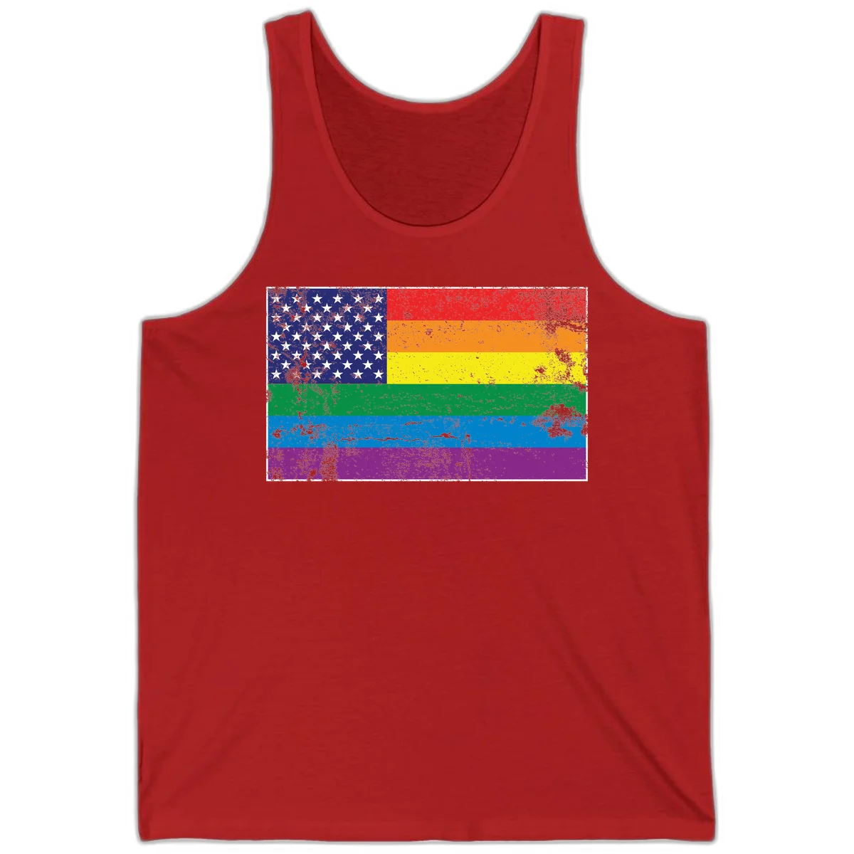 American flag with stars merged with rainbow pride flag stripes in distressed grunge style in Red