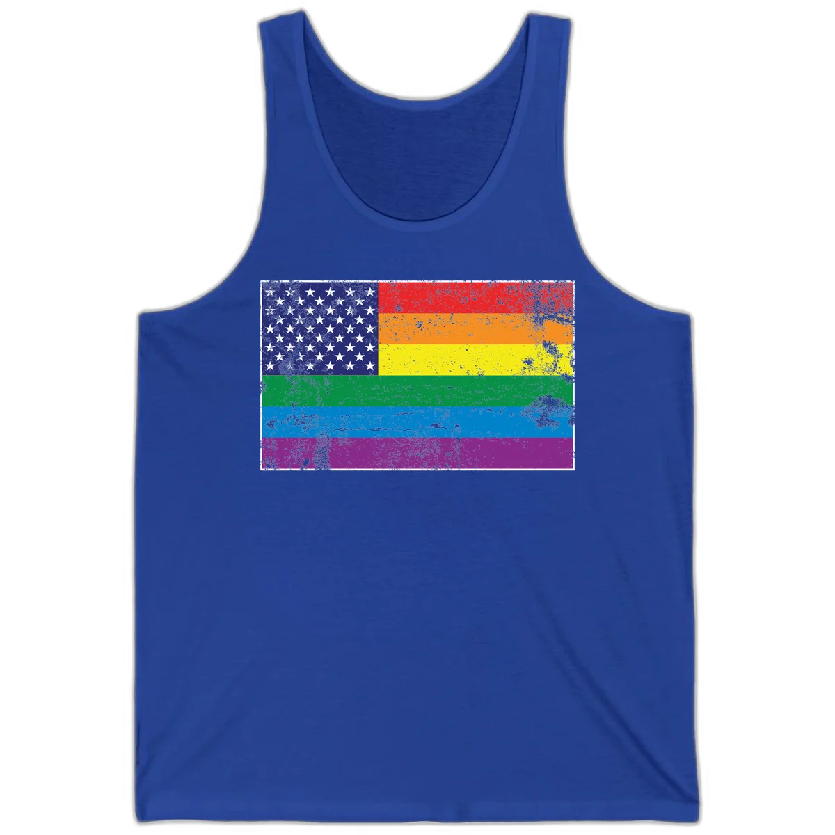 American flag with stars merged with rainbow pride flag stripes in distressed grunge style in True Royal