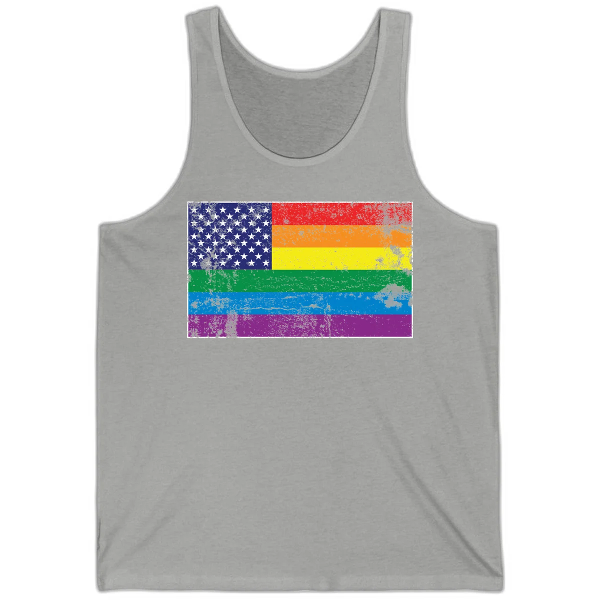 American flag with stars merged with rainbow pride flag stripes in distressed grunge style in Athletic Heather