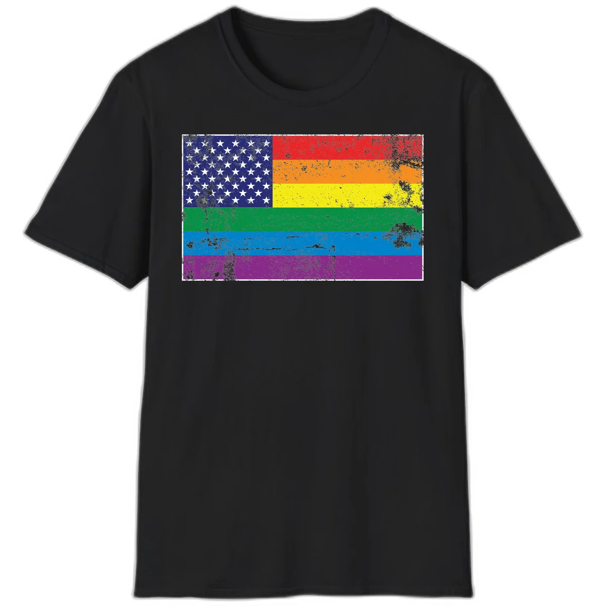 American flag with stars merged with rainbow pride flag stripes in distressed grunge style in Black