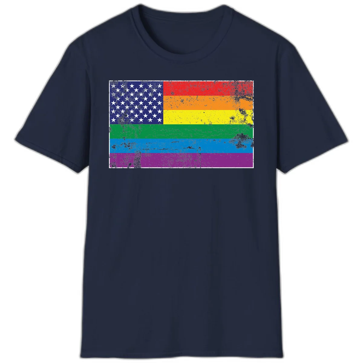 American flag with stars merged with rainbow pride flag stripes in distressed grunge style in Navy