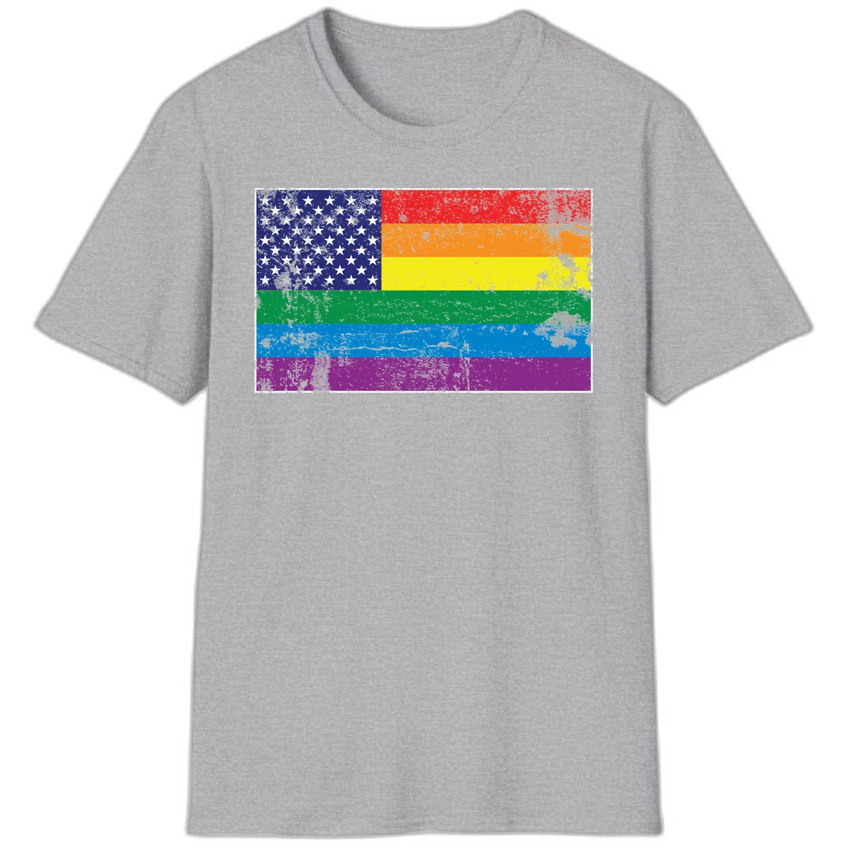 American flag with stars merged with rainbow pride flag stripes in distressed grunge style in Sport Grey