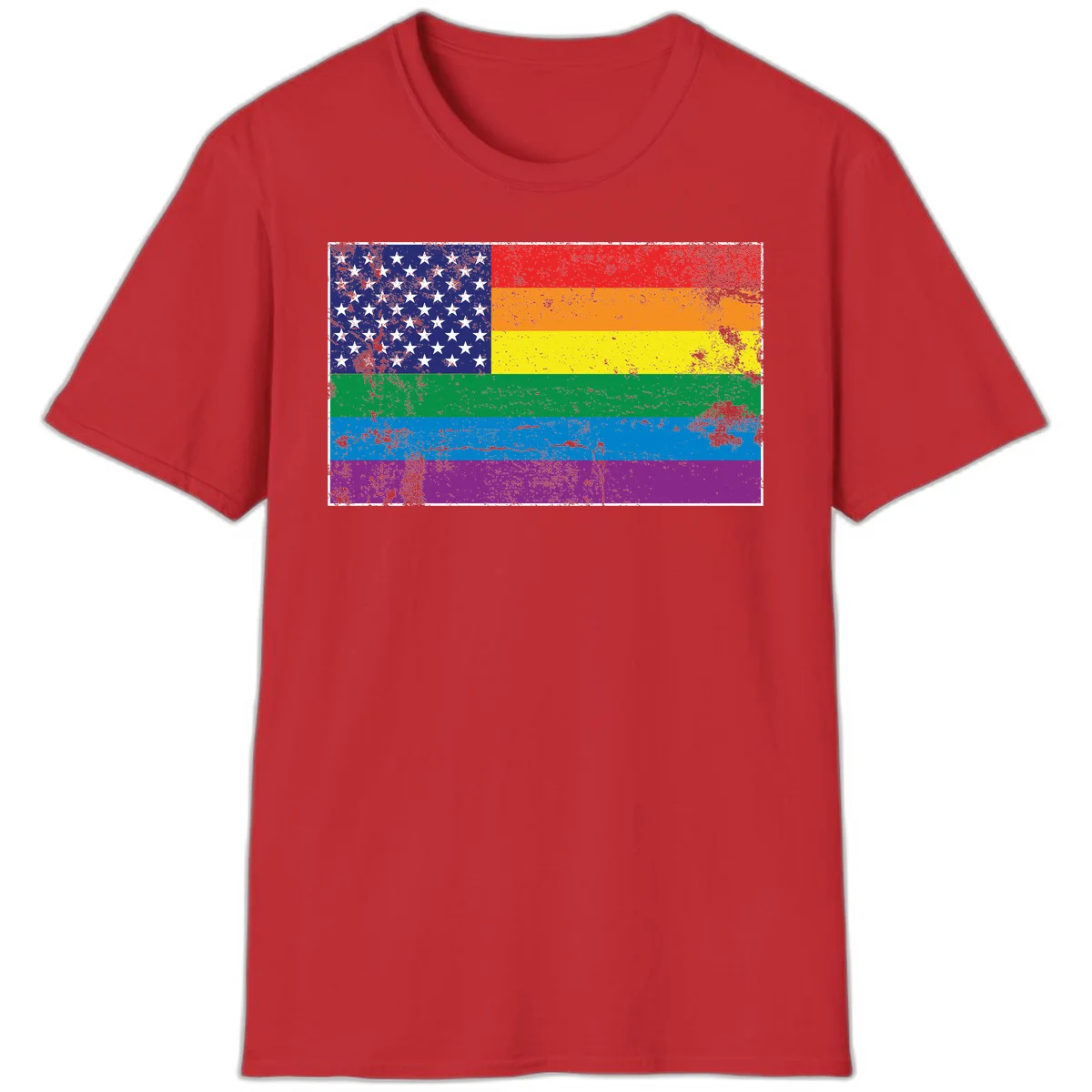 American flag with stars merged with rainbow pride flag stripes in distressed grunge style in Red