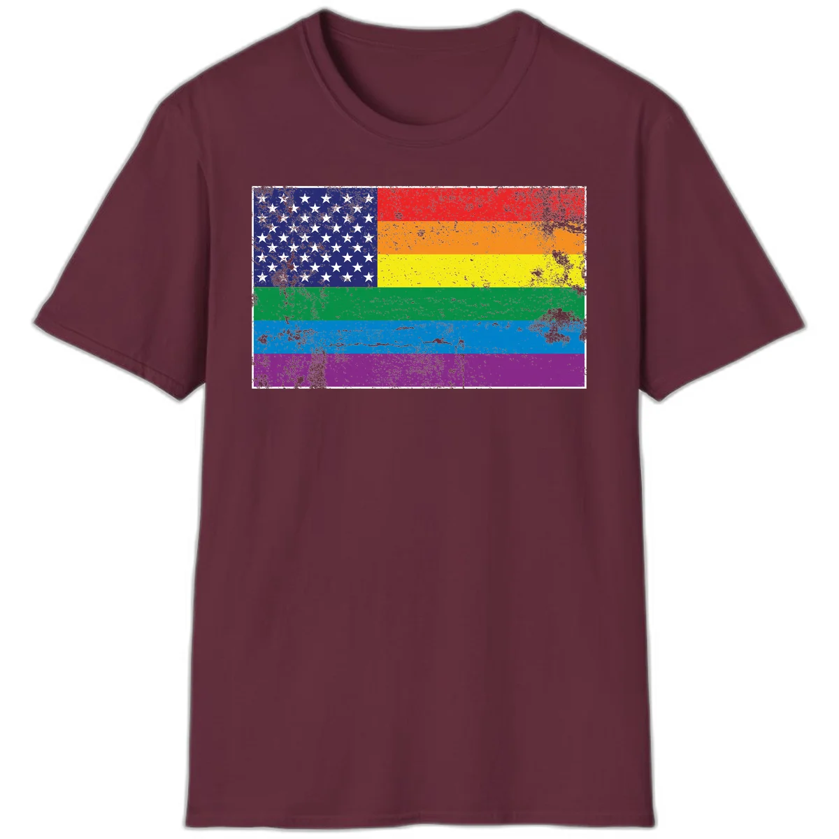 American flag with stars merged with rainbow pride flag stripes in distressed grunge style in Maroon