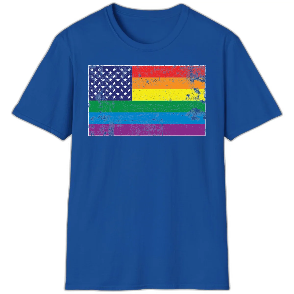 American flag with stars merged with rainbow pride flag stripes in distressed grunge style in Royal