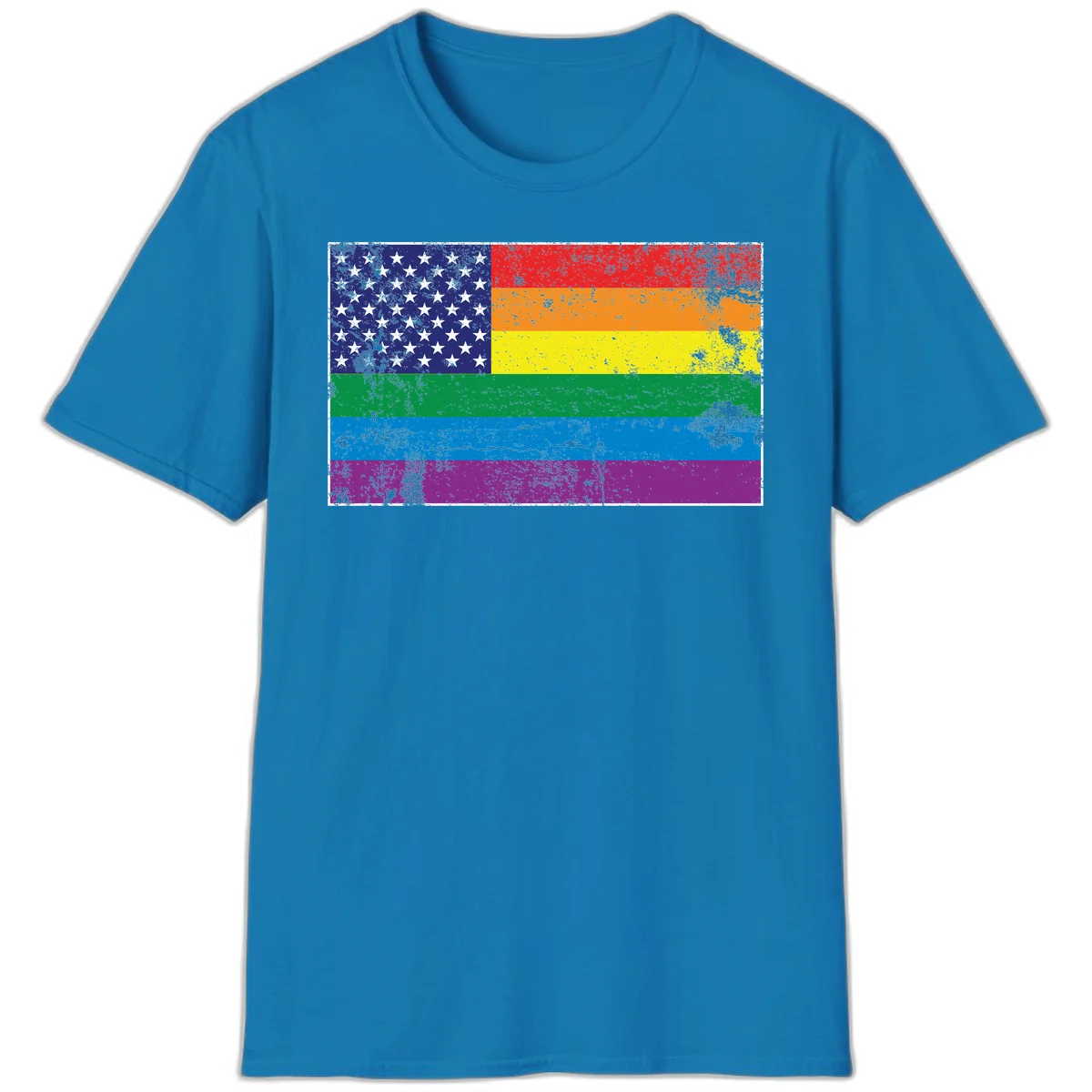 American flag with stars merged with rainbow pride flag stripes in distressed grunge style in Sapphire