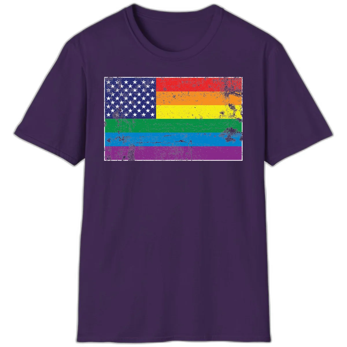 American flag with stars merged with rainbow pride flag stripes in distressed grunge style in Purple