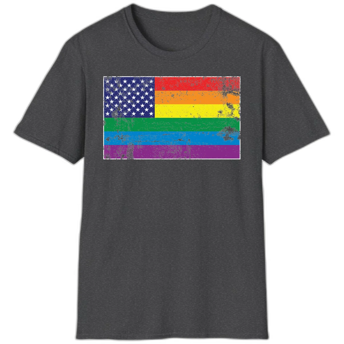 American flag with stars merged with rainbow pride flag stripes in distressed grunge style in Dark Heather