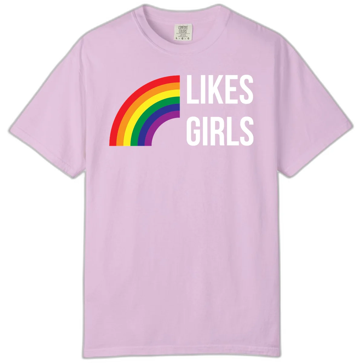 Colorful rainbow arc with 'Likes Girls' text - likes-girls-pride design on gray background in Orchid