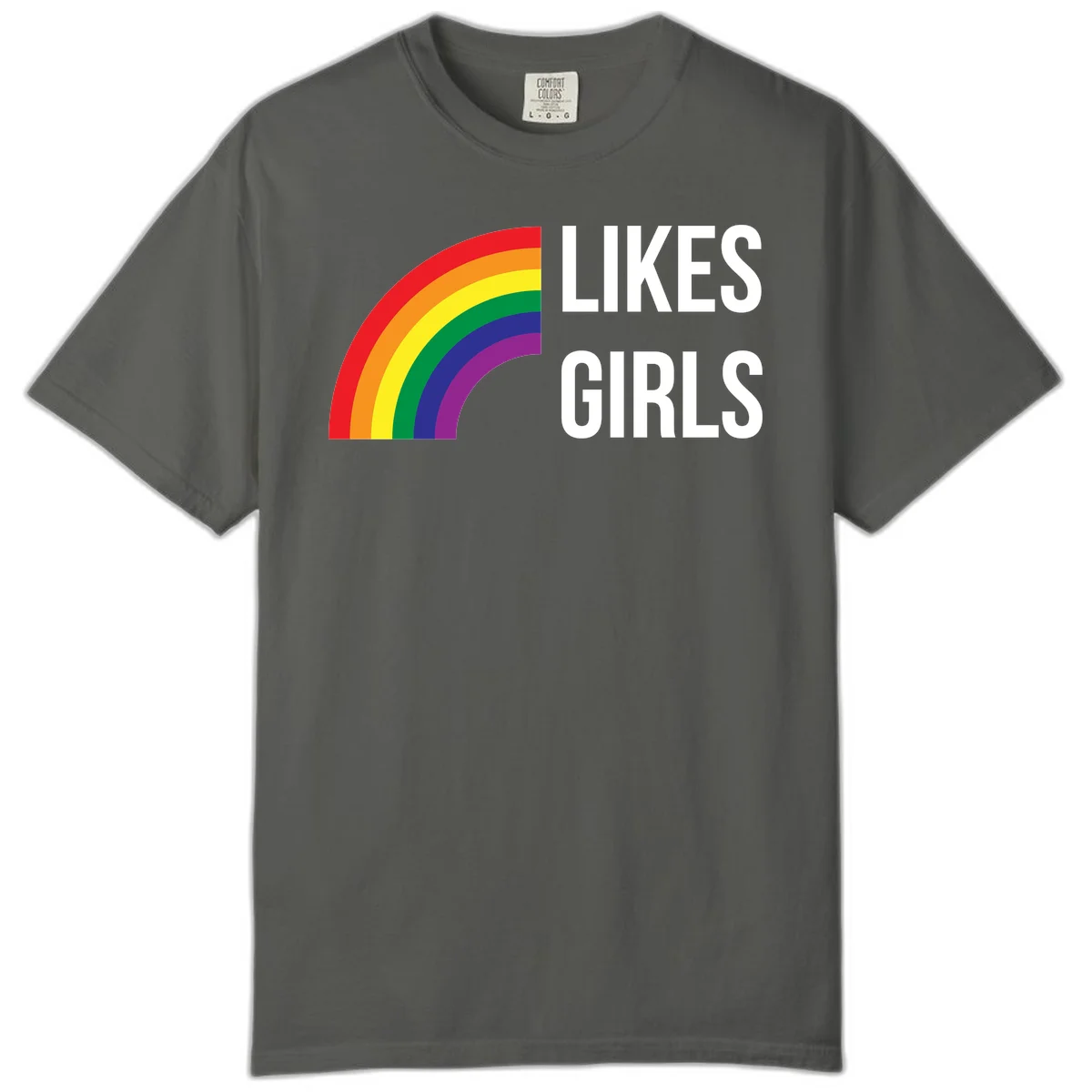 Colorful rainbow arc with 'Likes Girls' text - likes-girls-pride design on gray background in Pepper