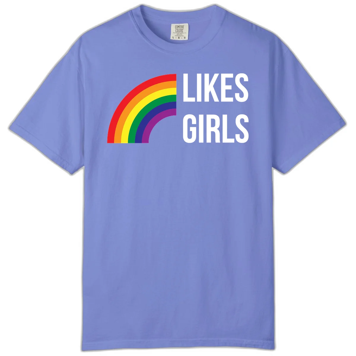 Colorful rainbow arc with 'Likes Girls' text - likes-girls-pride design on gray background in Flo Blue