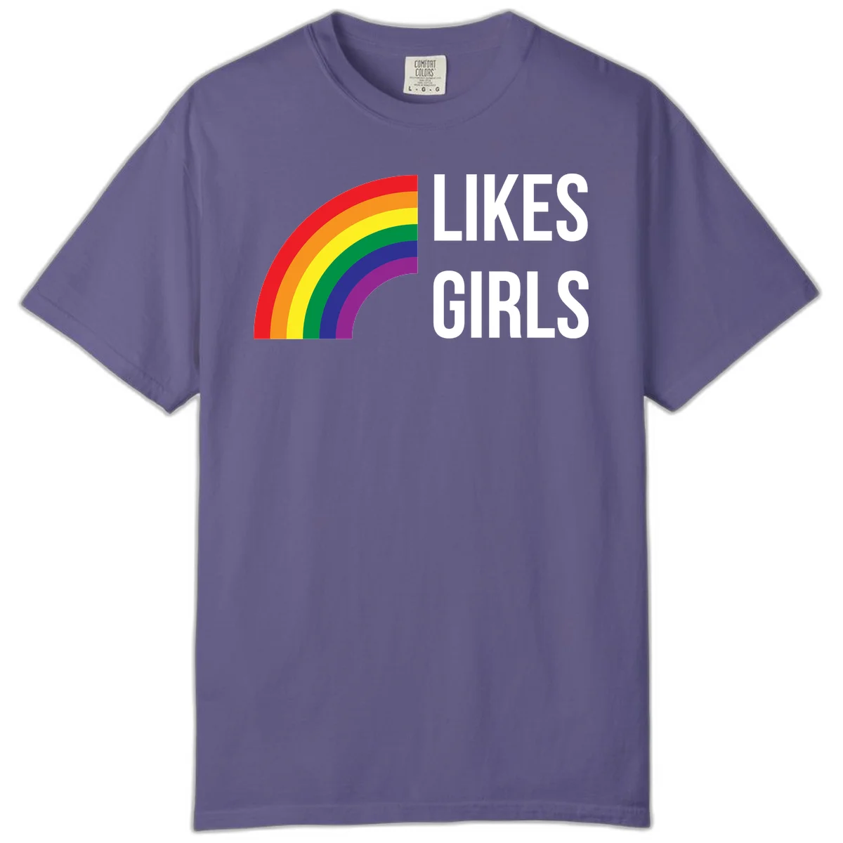 Colorful rainbow arc with 'Likes Girls' text - likes-girls-pride design on gray background in Grape