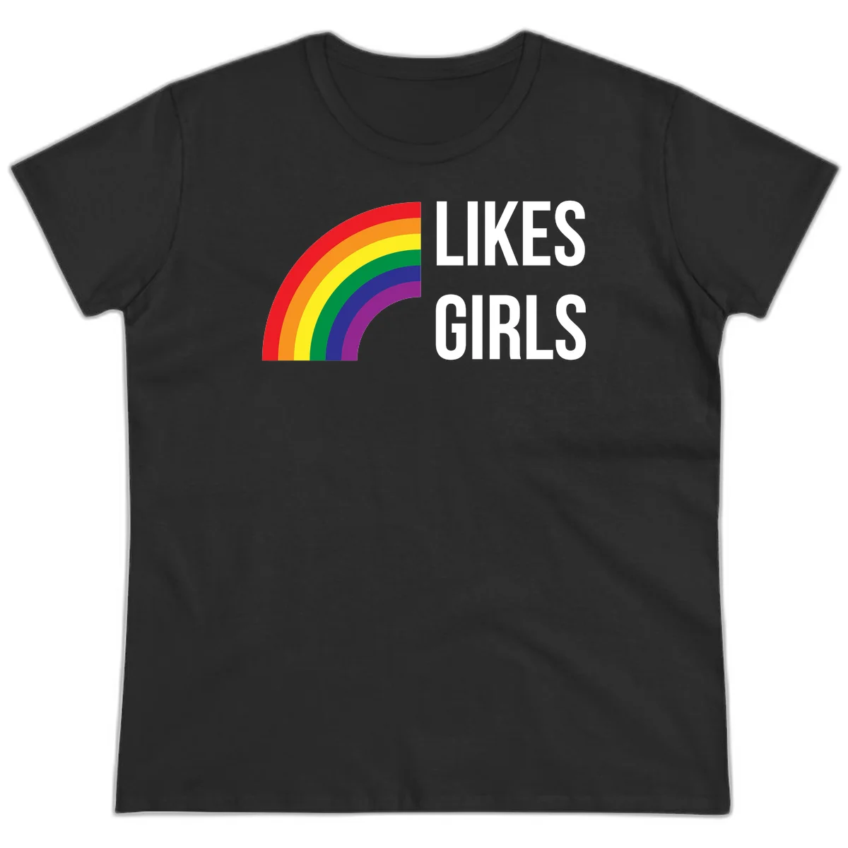 Colorful rainbow arc with 'Likes Girls' text - likes-girls-pride design on gray background in Black