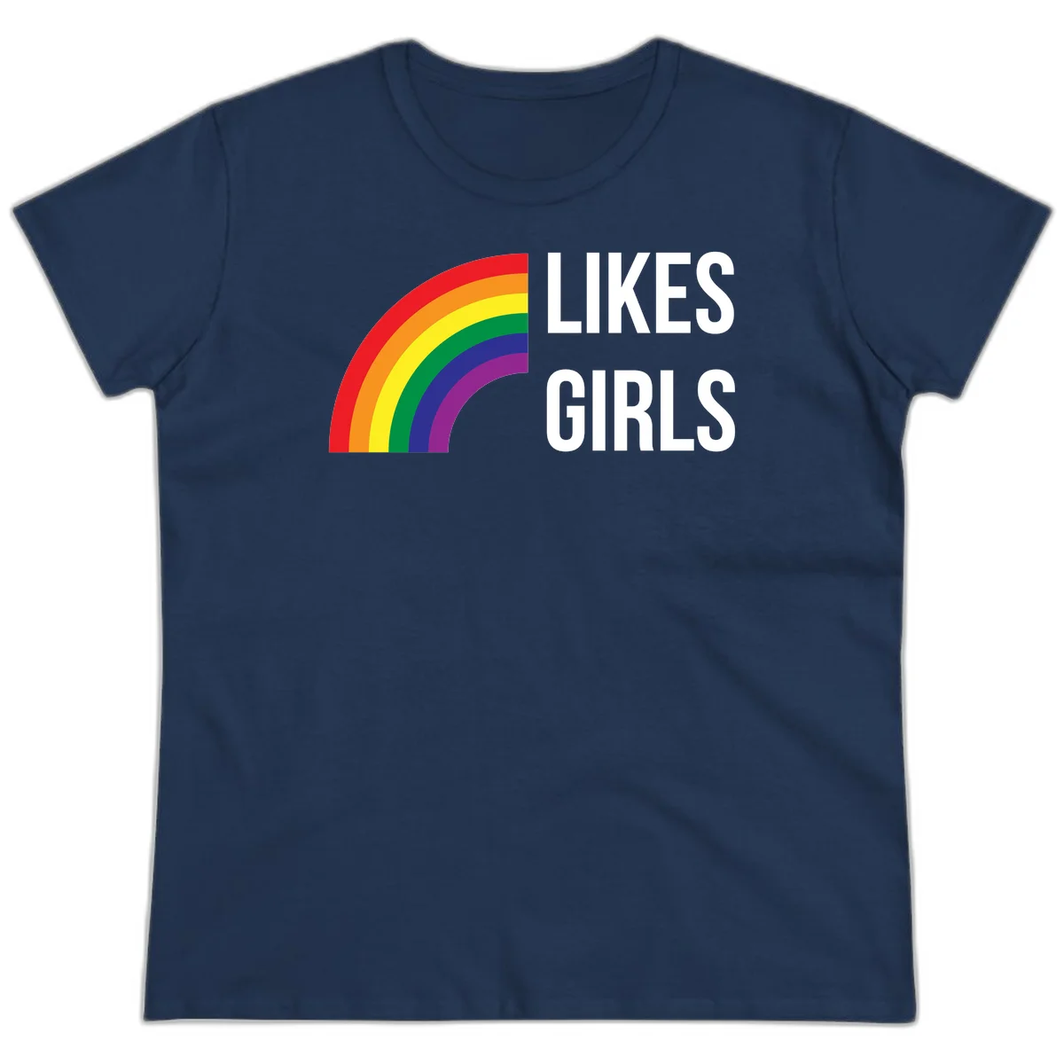 Colorful rainbow arc with 'Likes Girls' text - likes-girls-pride design on gray background in Navy