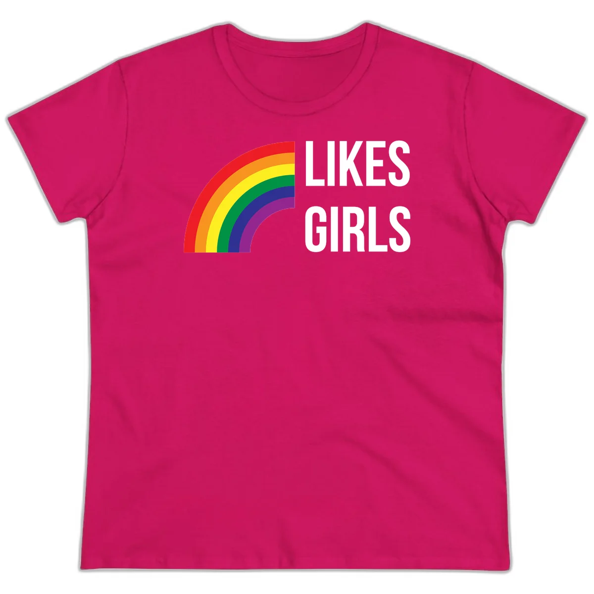 Colorful rainbow arc with 'Likes Girls' text - likes-girls-pride design on gray background in Heliconia