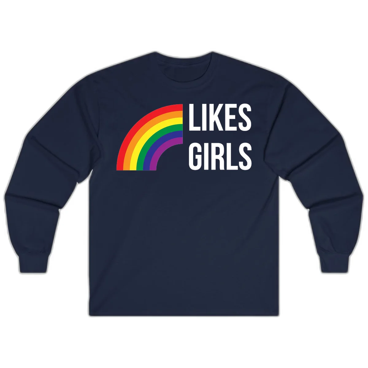 Colorful rainbow arc with 'Likes Girls' text - likes-girls-pride design on gray background in Navy