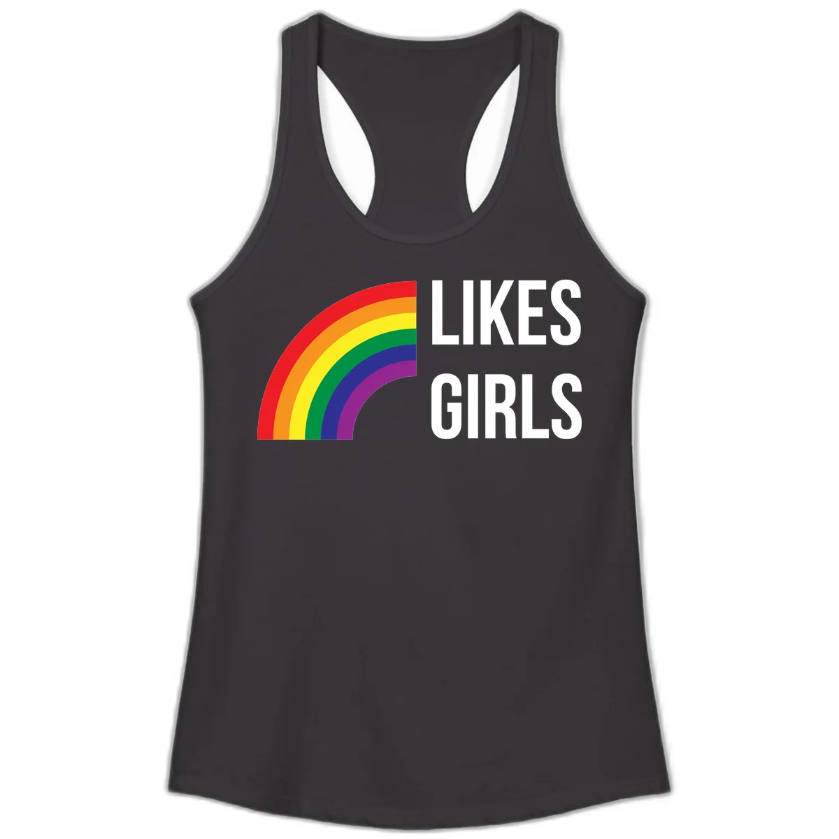 Colorful rainbow arc with 'Likes Girls' text - likes-girls-pride design on gray background in Black