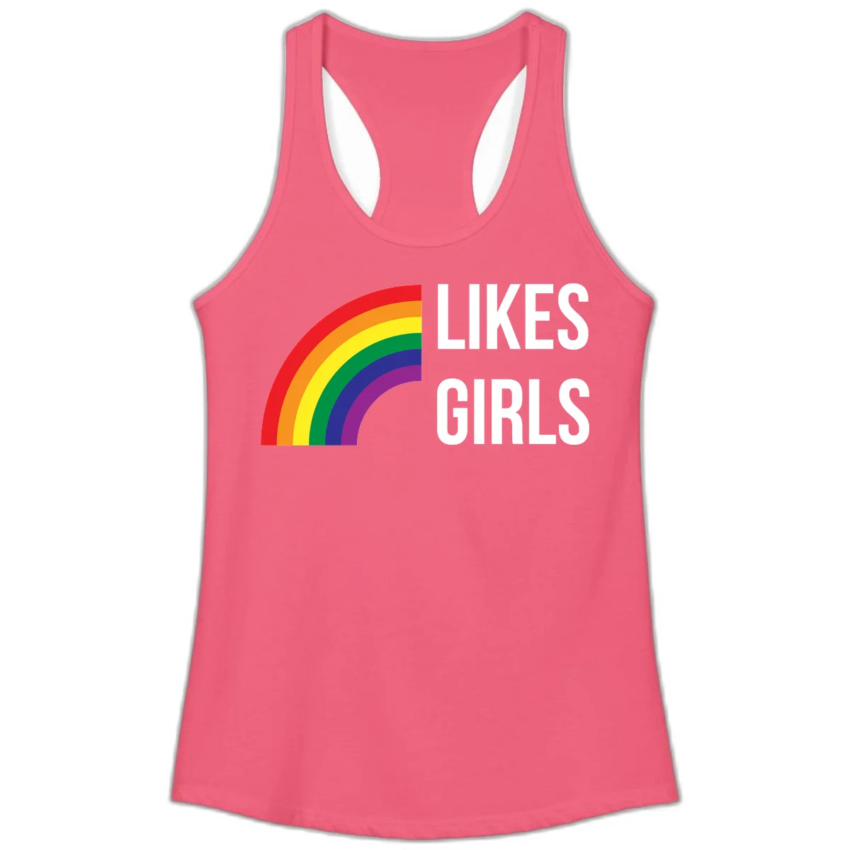 Colorful rainbow arc with 'Likes Girls' text - likes-girls-pride design on gray background in Hot Pink