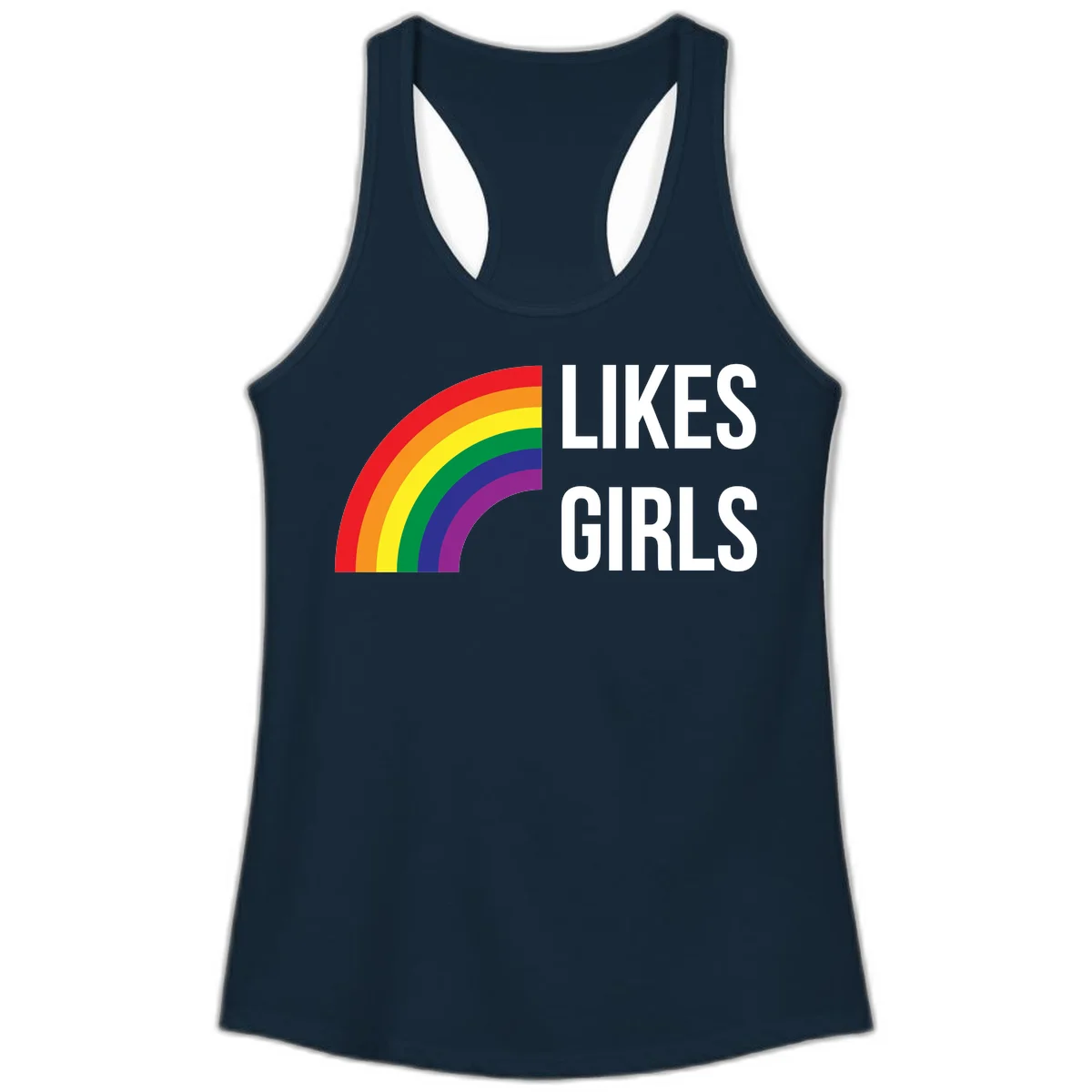 Colorful rainbow arc with 'Likes Girls' text - likes-girls-pride design on gray background in Solid Midnight Navy