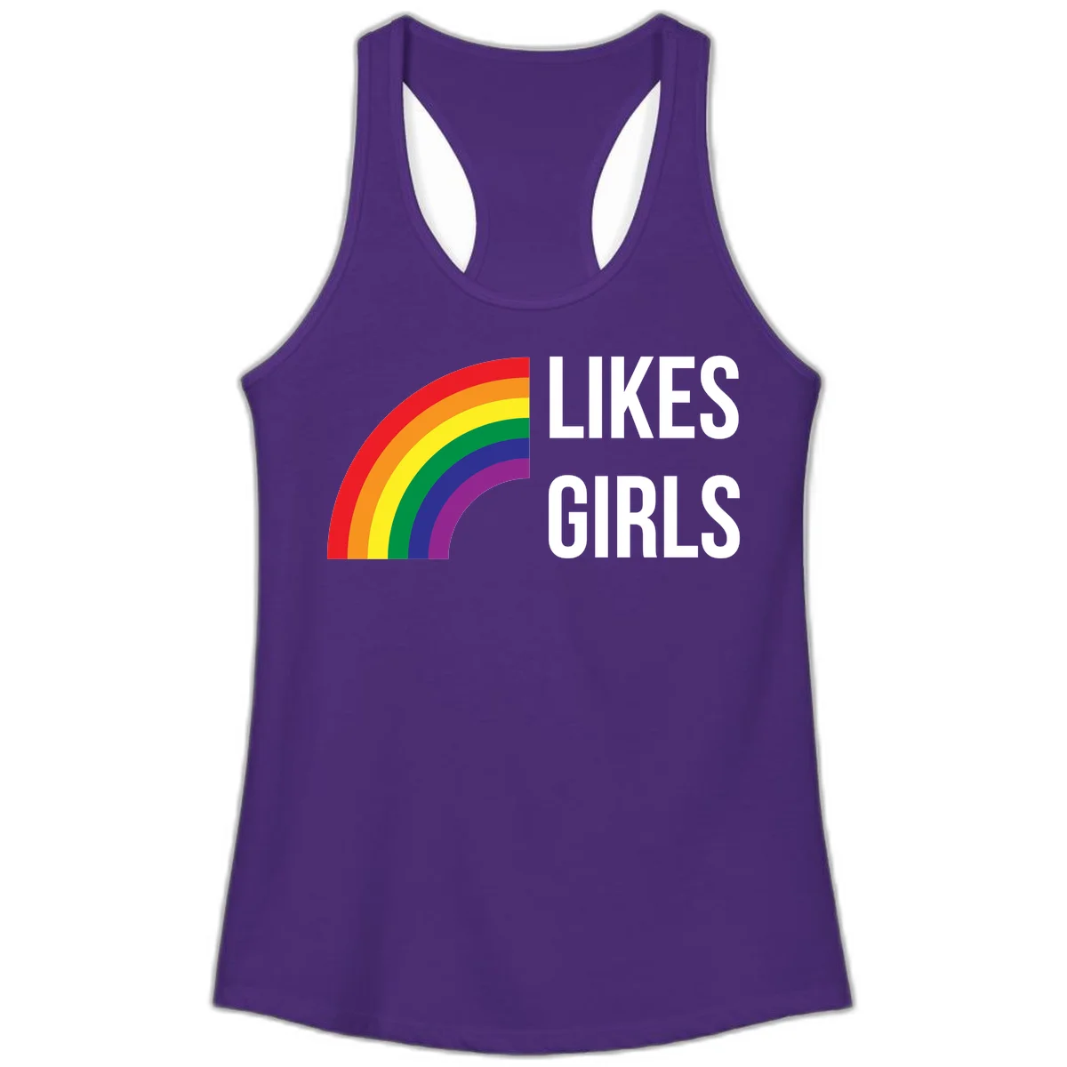 Colorful rainbow arc with 'Likes Girls' text - likes-girls-pride design on gray background in Solid Purple Rush