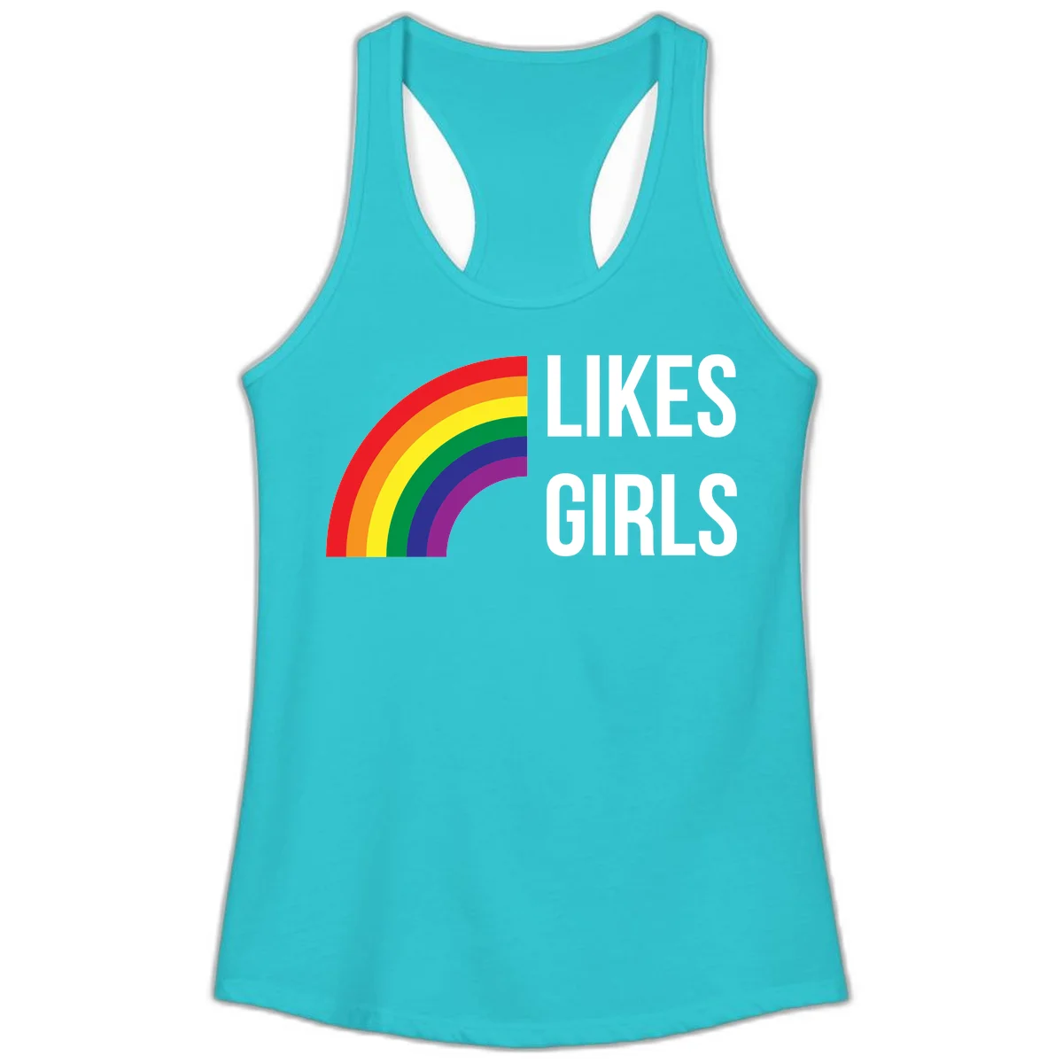 Colorful rainbow arc with 'Likes Girls' text - likes-girls-pride design on gray background in Solid Tahiti Blue