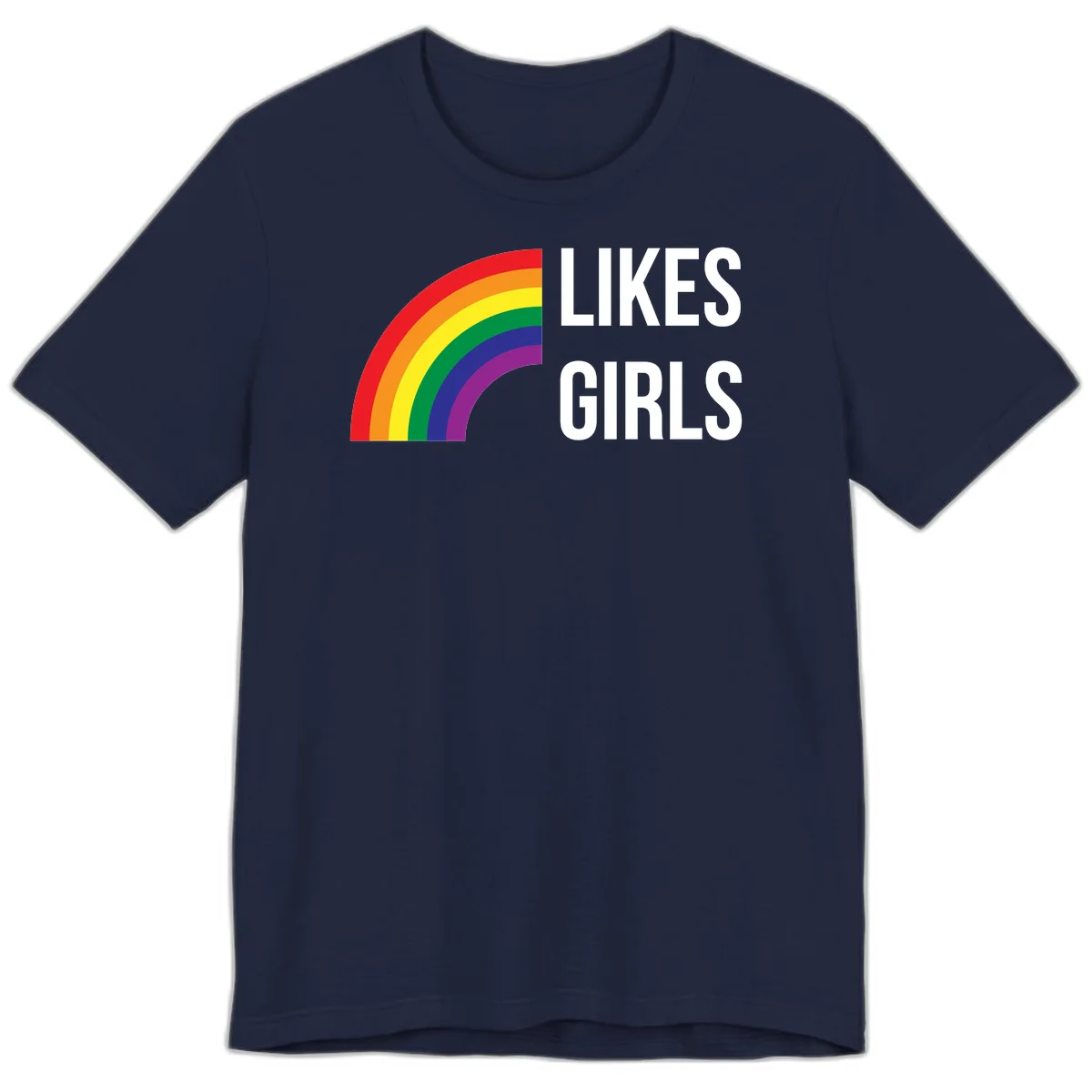 Colorful rainbow arc with 'Likes Girls' text - likes-girls-pride design on gray background in Navy