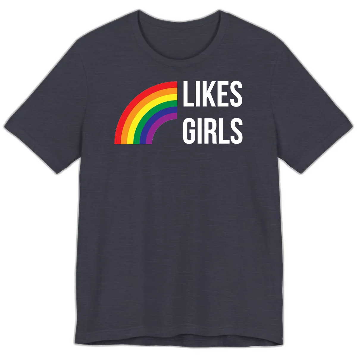 Colorful rainbow arc with 'Likes Girls' text - likes-girls-pride design on gray background in Heather Midnight Navy