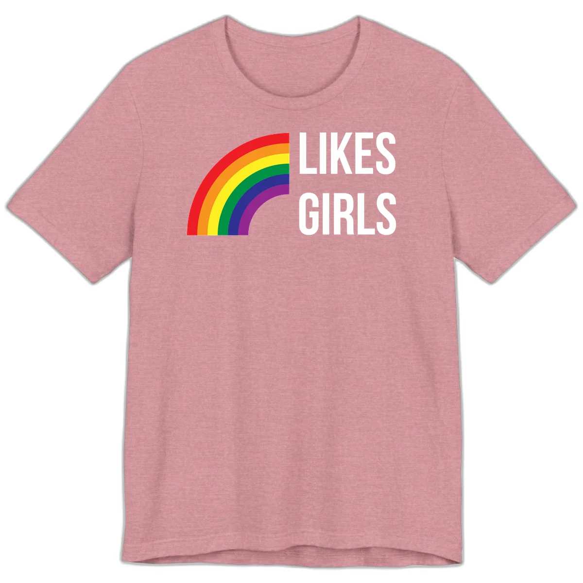 Colorful rainbow arc with 'Likes Girls' text - likes-girls-pride design on gray background in Heather Orchid