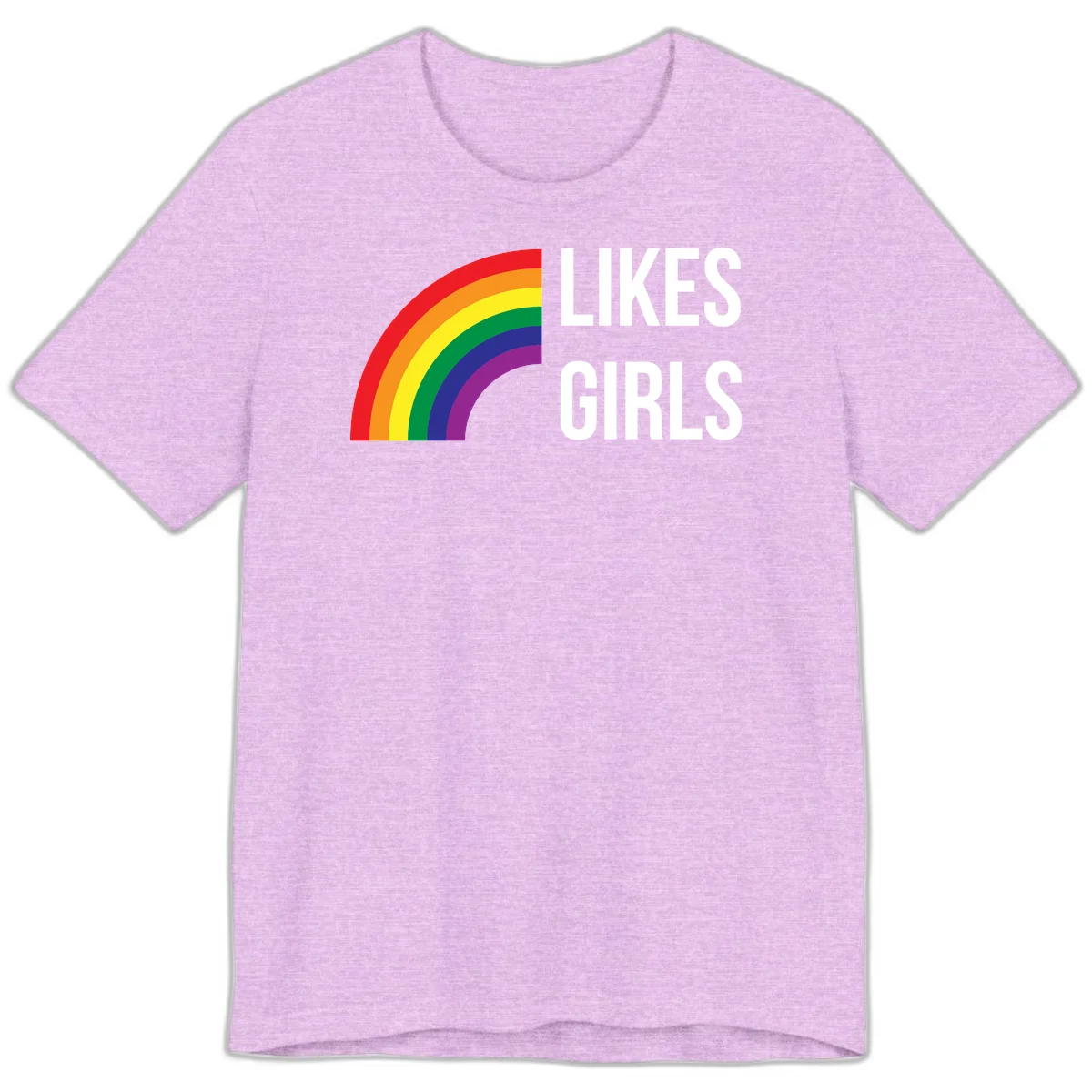 Colorful rainbow arc with 'Likes Girls' text - likes-girls-pride design on gray background in Heather Prism Lilac