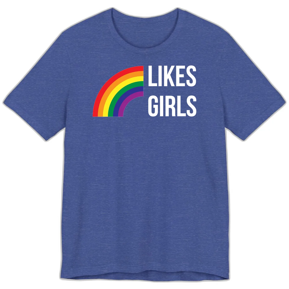 Colorful rainbow arc with 'Likes Girls' text - likes-girls-pride design on gray background in Heather True Royal
