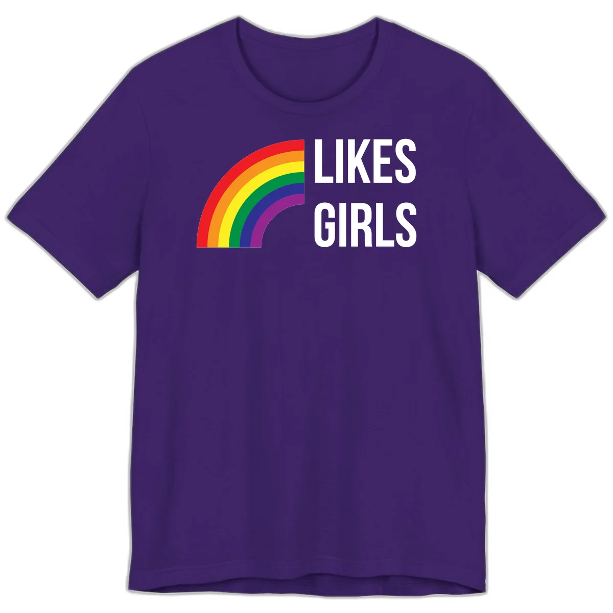 Colorful rainbow arc with 'Likes Girls' text - likes-girls-pride design on gray background in Team Purple
