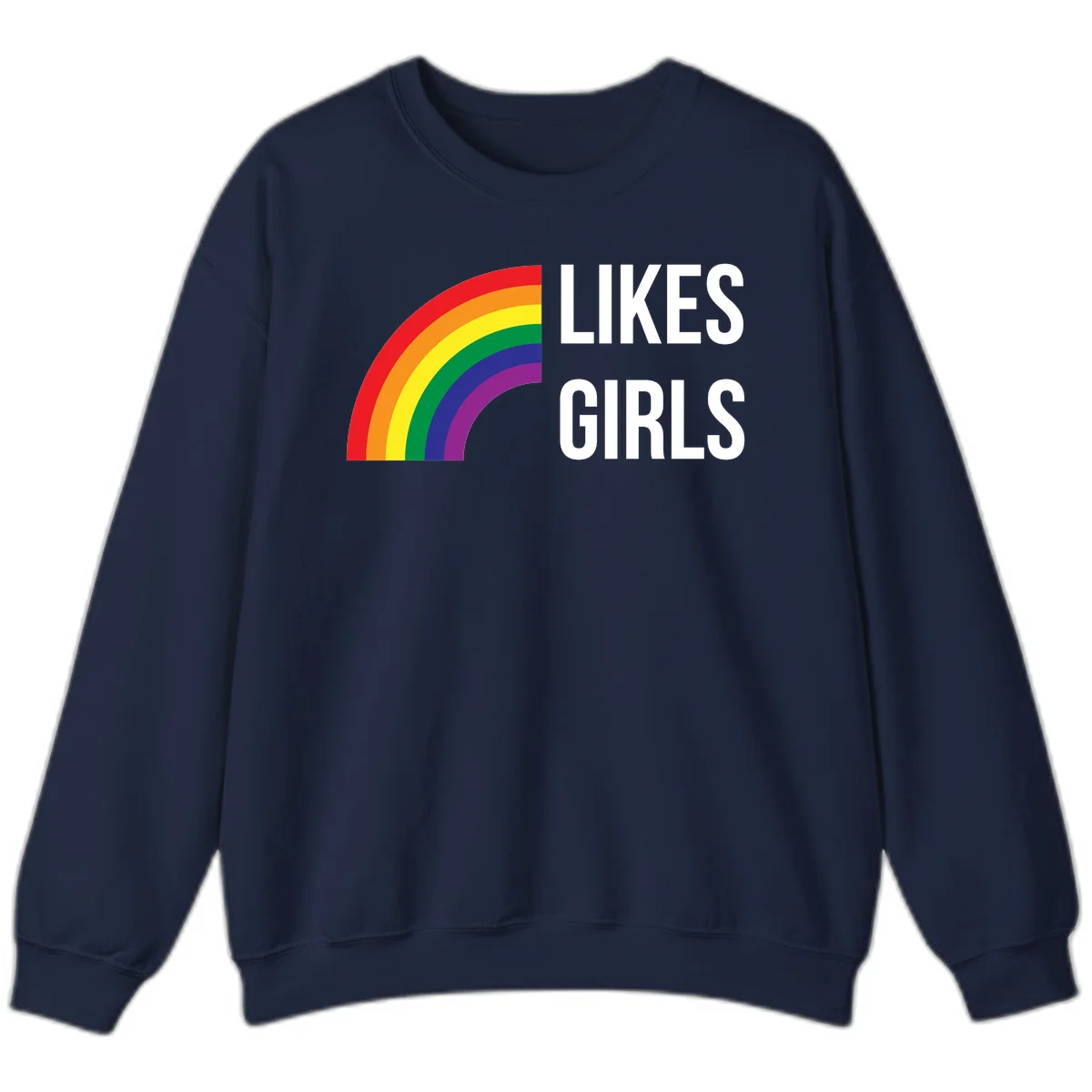 Colorful rainbow arc with 'Likes Girls' text - likes-girls-pride design on gray background in Navy