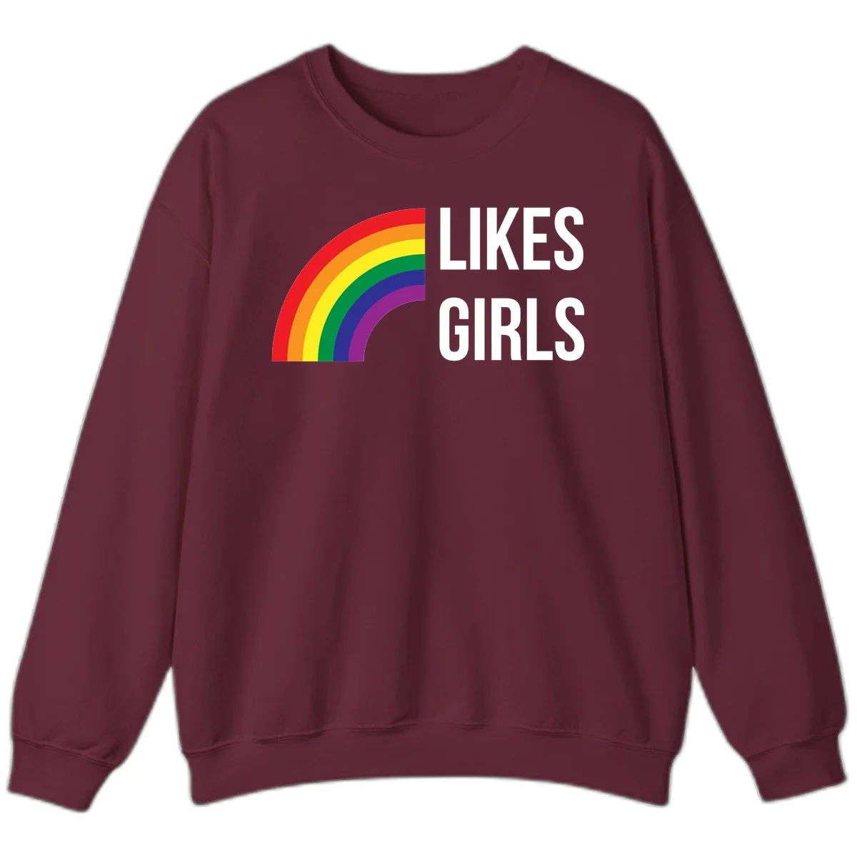 Colorful rainbow arc with 'Likes Girls' text - likes-girls-pride design on gray background in Maroon