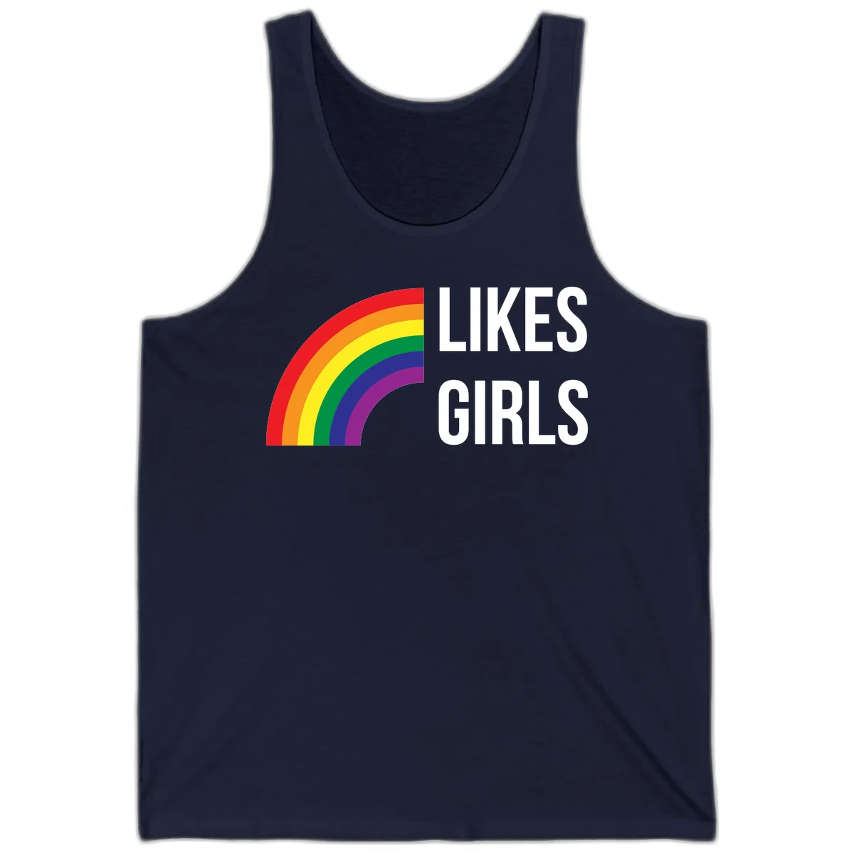 Colorful rainbow arc with 'Likes Girls' text - likes-girls-pride design on gray background in Navy