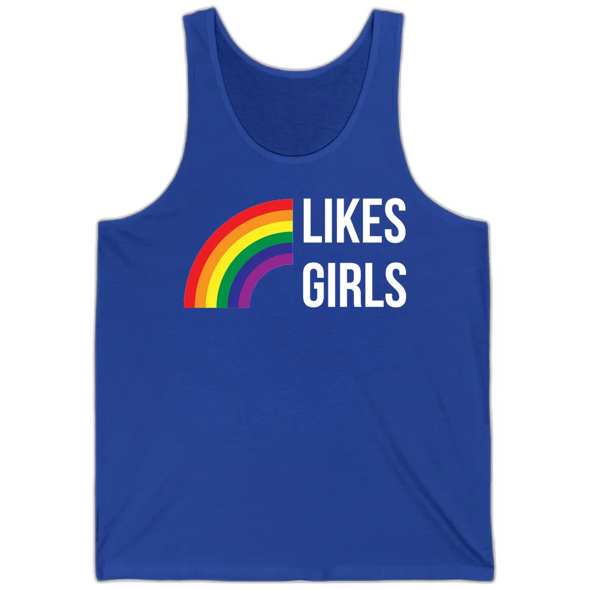 Colorful rainbow arc with 'Likes Girls' text - likes-girls-pride design on gray background in True Royal