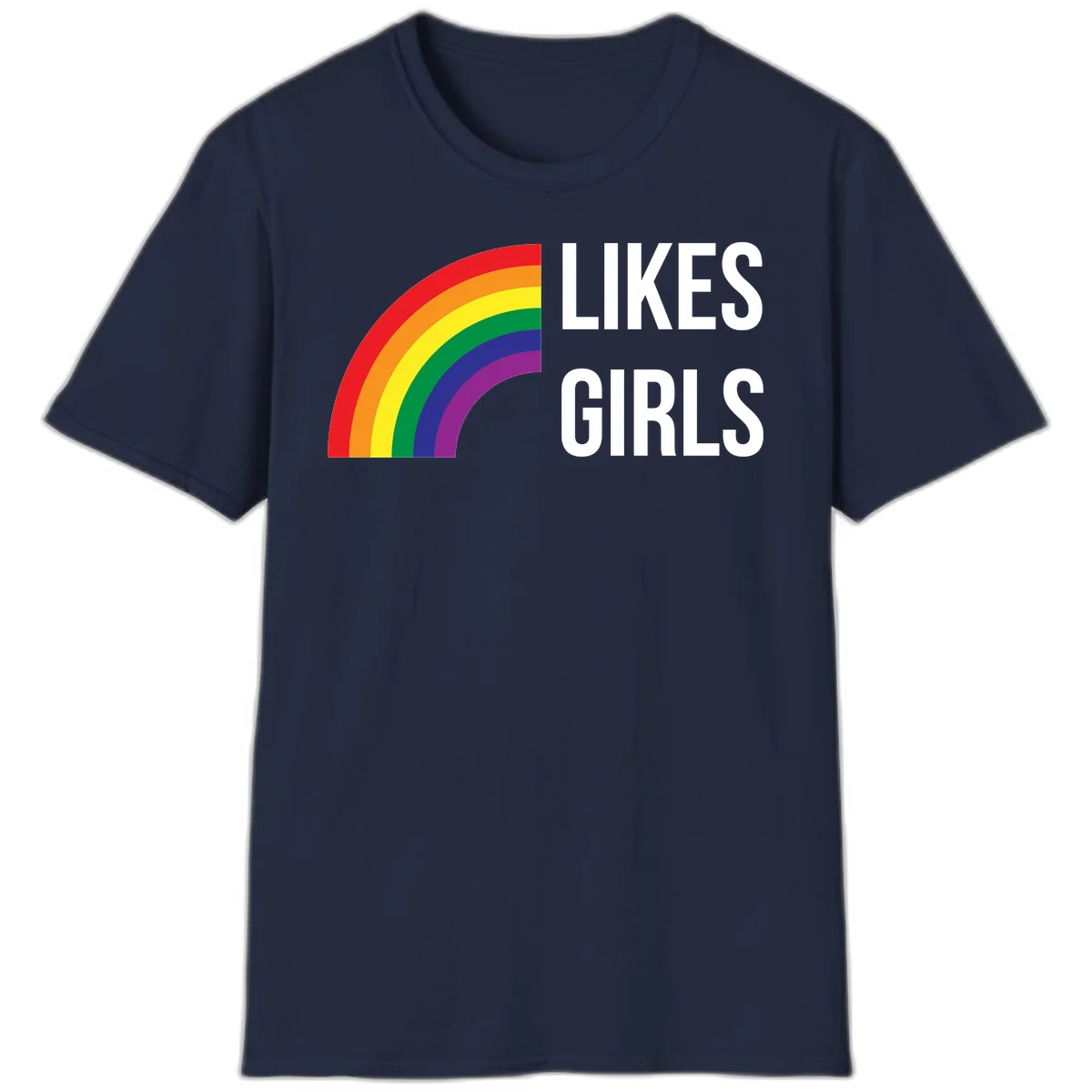 Colorful rainbow arc with 'Likes Girls' text - likes-girls-pride design on gray background in Navy