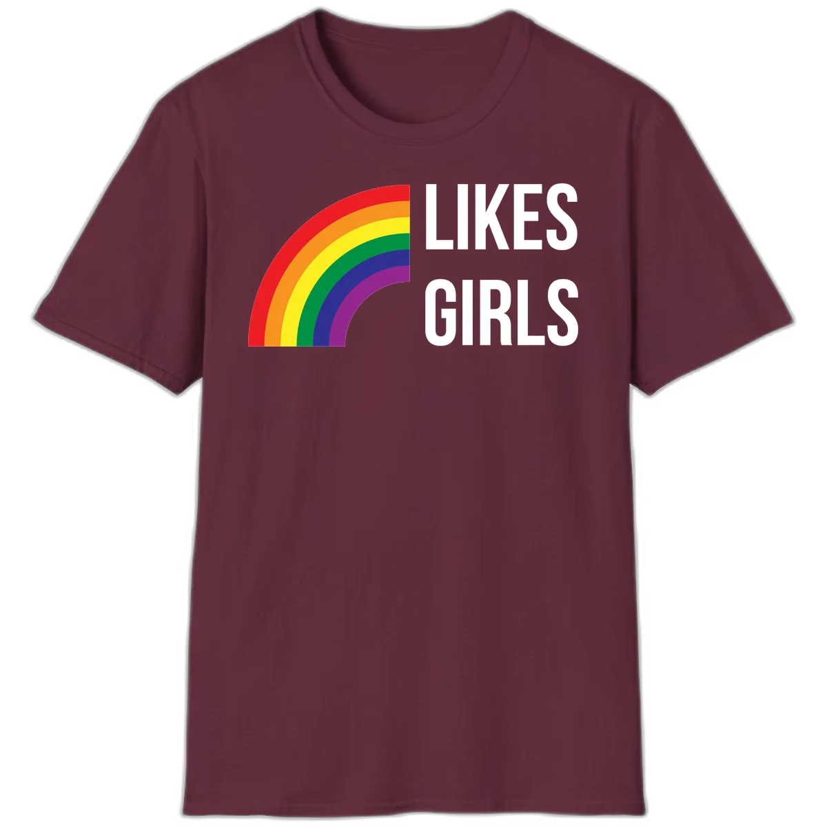 Colorful rainbow arc with 'Likes Girls' text - likes-girls-pride design on gray background in Maroon