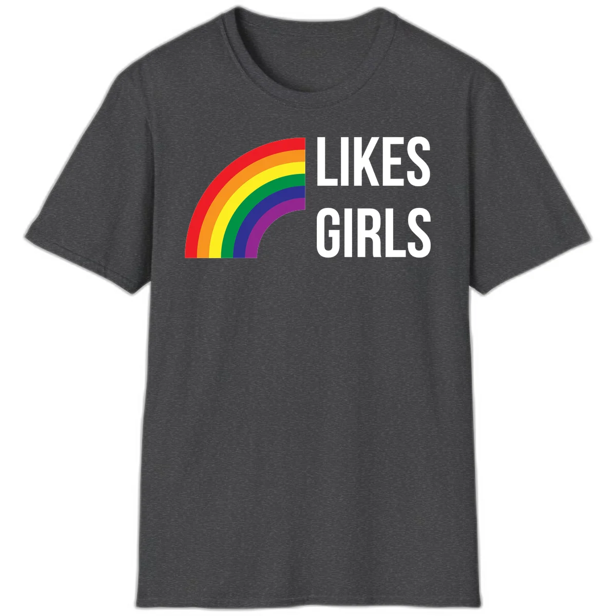 Colorful rainbow arc with 'Likes Girls' text - likes-girls-pride design on gray background in Dark Heather
