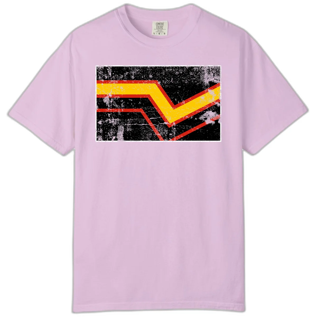 Bold geometric chevron checkmark with red and yellow stripes on distressed black background in Orchid